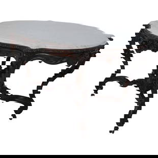 Victorian Center Table by John Belter 58" Walnut Marble Top C.1860-1880: Victorian Center Table by John Belter 58" Walnut Marble Top C.1860-1880 This impressive large center table showcases the exquisite craftsmanship of the Victorian era, attributed to John Belter. Constr