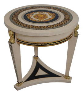 Versace Style Greek Key Brass Bust Faux Marble Center Table 26x26x26: Versace Style Greek Key Brass Bust Faux Marble Center Table 26x26x26 This stunning center table showcases a Versace style Greek key design, featuring intricate brass busts in a lion head motif and ele