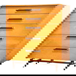 Mid-Century Modern Maple Dresser with Walnut Legs 38x19x43: Mid-Century Modern Maple Dresser with Walnut Legs 38x19x43 This stylish mid-century modern dresser showcases a refined design with a stunning maple finish complemented by walnut legs and drawer pulls.