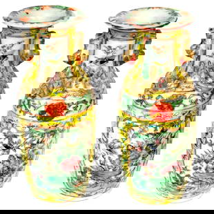 19th Century Chinese Export Famille Rose Vases Set of 2 Gilt Foo Lion Handles: 19th Century Chinese Export Famille Rose Vases Set of 2 Gilt Foo Lion Handles This exquisite pair of 19th-century Chinese Export Famille Rose vases features vibrant hand-painted designs and gilt foo l