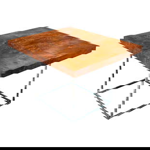1970s Vintage Boho Burl Wood and Chrome Coffee Table: 1970s Vintage Boho Burl Wood and Chrome Coffee Table This stunning vintage Boho coffee table features a beautiful Burl wood top that showcases exquisite wood grain details, supported by a sleek chrome