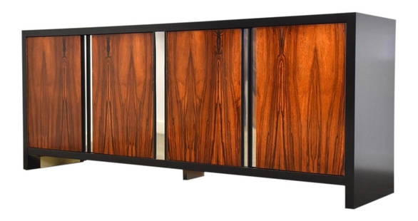 1970s Milo Baughman Style Rosewood Chrome Dresser 75" W: 1970s Milo Baughman Style Rosewood Chrome Dresser 75" W This stunning 1970s dresser showcases a Milo Baughman style with a sleek black case and beautifully crafted rosewood doors accented by chrome ha