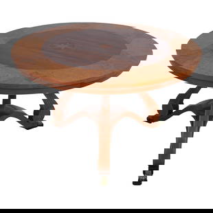 John Widdicomb Neoclassical Round Center Table 48" Wood Inlaid Top Ebonized Feet: John Widdicomb Neoclassical Round Center Table 48" Wood Inlaid Top Ebonized Feet This exquisite John Widdicomb Neoclassical Round Center Table features a stunning inlaid top and is constructed with hi