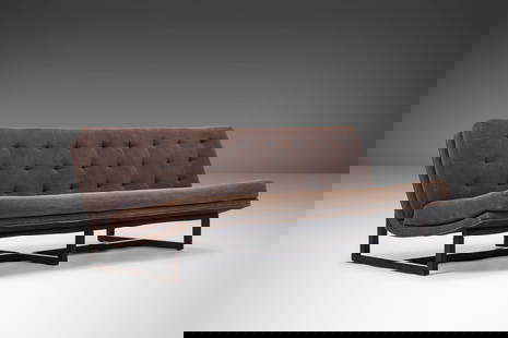 Milo Baughman 1970s Three Seat Scoop Sofa Mocha Suede Walnut Frame: Milo Baughman 1970s Three Seat Scoop Sofa Mocha Suede Walnut Frame Introducing the Milo Baughman Three Seat Scoop Sofa, a stunning piece that embodies the perfect blend of style and comfort. This vint