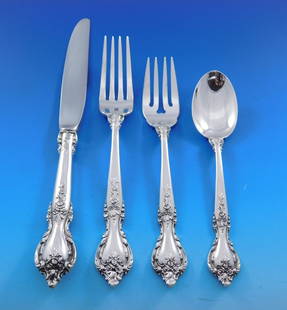 Lunt Delacourt Sterling Silver Flatware Set for 12 - 54 Pieces: Lunt Delacourt Sterling Silver Flatware Set for 12 - 54 Pieces Enhance your dining experience with the Delacourt by Lunt Sterling Silver Flatware Set, designed to elegantly serve 12 guests. This impre