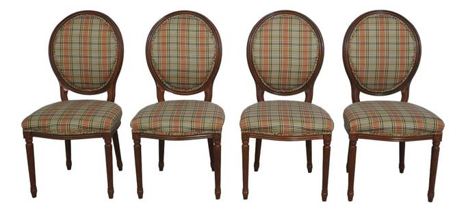 Set of 4 French Louis XVI Medallion Back Dining Chairs: Set of 4 French Louis XVI Medallion Back Dining Chairs This exquisite set of 4 French Louis XVI style dining chairs features elegant medallion backs, showcasing a classic design that adds sophisticati