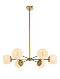 Briggs Pendant Chandelier 6-Light Brass Finish White Glass Shades: Briggs Pendant Chandelier 6-Light Brass Finish White Glass Shades Illuminate your space with this stunning Pendant Chandelier, featuring six round white glass shades that elegantly diffuse light. Craf