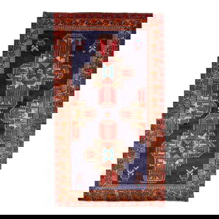Vintage North West Persian Handmade Wool Runner 3'11" x 7' Navy Blue Geometric Design: Vintage North West Persian Handmade Wool Runner 3'11" x 7' Navy Blue Geometric Design Beautiful vintage North West Persian hand-knotted wool runner with a navy blue field. This piece has an orange fra