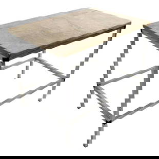 Midcentury Aluminum and Marble Side Table Inspired by McCobb 17 x 23.75 x 20.5: Midcentury Aluminum and Marble Side Table Inspired by McCobb 17 x 23.75 x 20.5 This elegant side or end table features a sturdy squared aluminum base adorned with black square metal elements at the jo