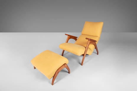 Mid-Century Sculptural Lounge Chair Ottoman Set Oak Fabric USA: Mid-Century Sculptural Lounge Chair Ottoman Set Oak Fabric USA This sculptural lounge chair and ottoman, inspired by Adrian Pearsall's iconic Grasshopper Chair, offers a perfect blend of contours and