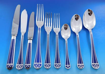 Christofle Talisman Blue Silverplate Flatware Set 102 pcs Art Deco with Chest: Christofle Talisman Blue Silverplate Flatware Set 102 pcs Art Deco with Chest Experience the elegance of dining with the Talisman Blue Flatware Service Set from Christofle. This exquisite 102-piece se