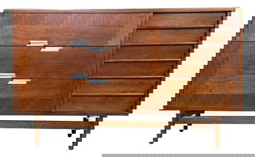 1960s American of Martinsville Walnut Dresser with Aluminum Inlay: 1960s American of Martinsville Walnut Dresser with Aluminum Inlay This stunning mid-century modern dresser features a rich walnut finish and six spacious drawers adorned with aluminum X inlay and draw