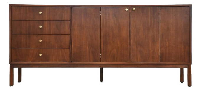 1960s Paul McCobb Style Walnut Credenza Dresser with Brass Knobs: 1960s Paul McCobb Style Walnut Credenza Dresser with Brass Knobs This exquisite mid-century modern walnut dresser or credenza features a stunning design reminiscent of Paul McCobb, complete with polis