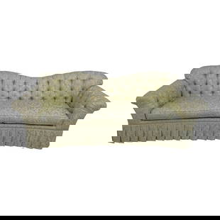 Elegant 96" Green Damask Tufted Sofa with Down Cushions: Elegant 96" Green Damask Tufted Sofa with Down Cushions This exquisite tufted sofa features a classic damask upholstery that adds sophistication to any living space. Crafted with high-quality construc