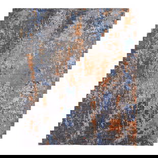 Handmade Abstract Modern Gray Orange Wool Silk Rug 8' x 10': Handmade Abstract Modern Gray Orange Wool Silk Rug 8' x 10' This stunning modern rug features an abstract design with a gray field accented by blue and orange patterns. Handcrafted in India, it combin