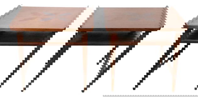 Mid Century Lane Furniture Side Tables with Exotic Wood Inlay 21.75" Height: Mid Century Lane Furniture Side Tables with Exotic Wood Inlay 21.75" Height Discover a stunning pair of Mid Century side tables crafted by Lane Furniture, featuring an architectural design and exquisi
