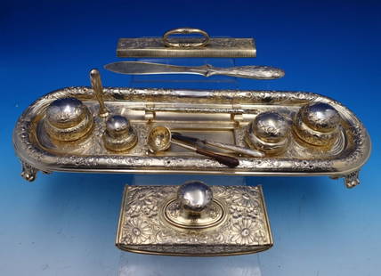 Floral by Gorham Sterling Silver 12-Piece Vermeil Desk Set: Floral by Gorham Sterling Silver 12-Piece Vermeil Desk Set This exceptional twelve-piece desk set by Gorham showcases a stunning floral motif, perfect for any elegant workspace. Crafted from sterling