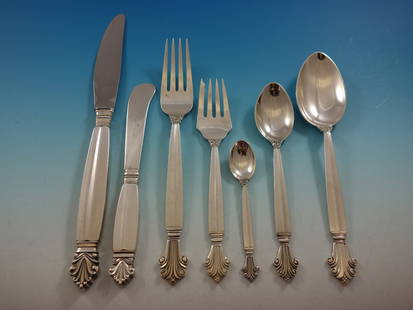Georg Jensen Acanthus Sterling Silver Flatware Set 93 Pcs for 12 Service: Georg Jensen Acanthus Sterling Silver Flatware Set 93 Pcs for 12 Service This exquisite Acanthus flatware set by Georg Jensen features a stunning Scandinavian moderne design, originally created by Joh