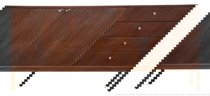 1960s Paul McCobb Style Walnut Credenza Dresser with Brass Knobs: 1960s Paul McCobb Style Walnut Credenza Dresser with Brass Knobs This stunning mid-century modern walnut dresser or credenza showcases the timeless design and quality reminiscent of Paul McCobb. Featu