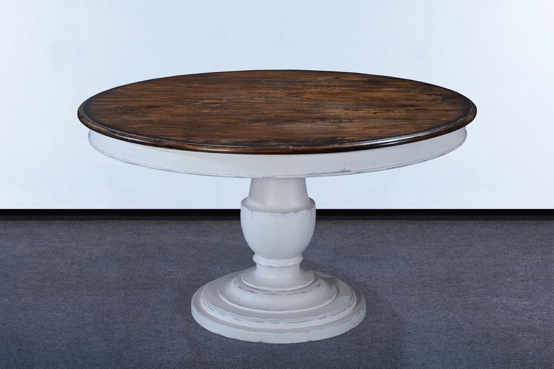 Antiqued White Rustic Pecan Dining Table with Old World Charm: Antiqued White Rustic Pecan Dining Table with Old World Charm Introducing a classic dining table that embodies Old World charm, perfect for enhancing your dining experience. This exquisite piece featu