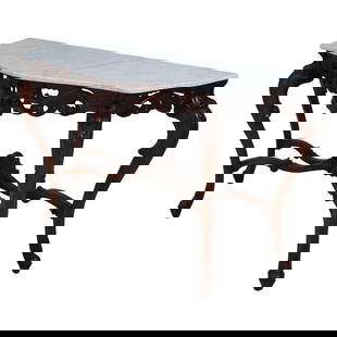 French Louis XV Style Carved Mahogany Console Table with Marble Top: French Louis XV Style Carved Mahogany Console Table with Marble Top This exquisite French Louis XV style console table boasts a stunning white marble top supported by an intricately carved mahogany ba