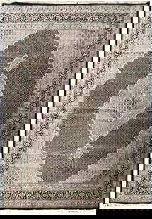 Handmade 9.11 x 13.2 Black Wool Silk Tabriz Mahi Quality Rug India: Handmade 9.11 x 13.2 Black Wool Silk Tabriz Mahi Quality Rug India Experience the luxurious elegance of this handmade 9.11 x 13.2-foot (119 in x 158 in) black Tabriz Mahi quality rug, meticulously cra