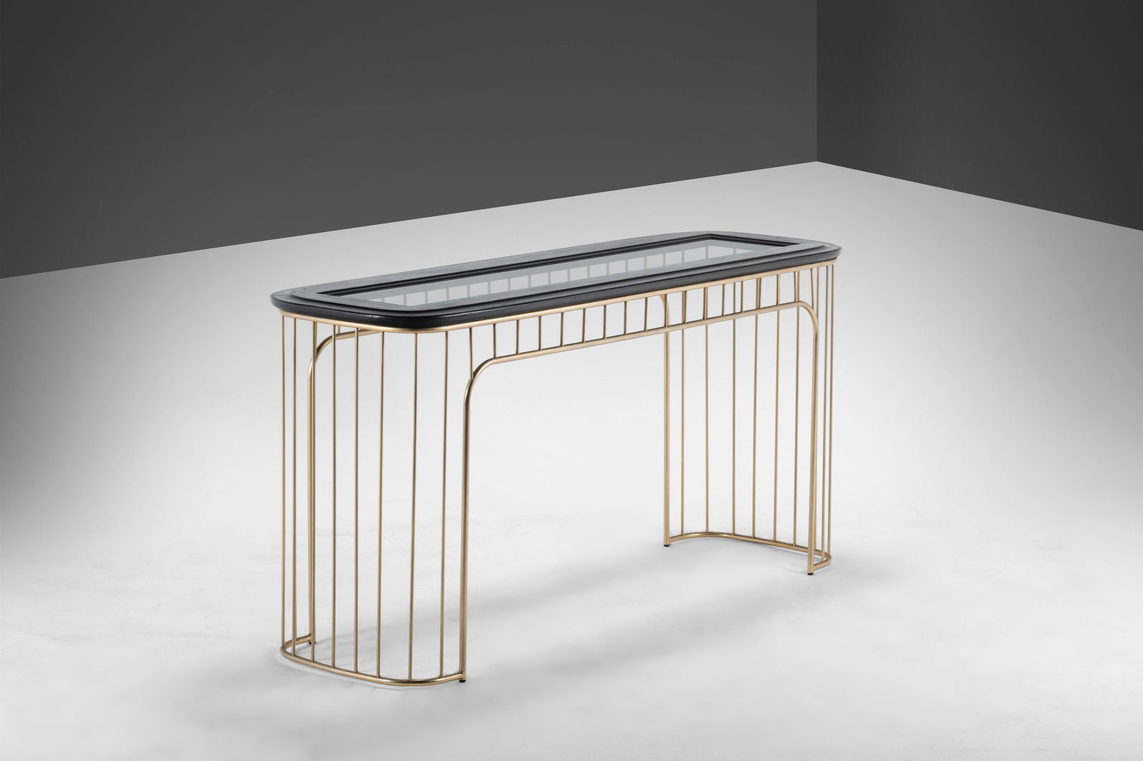 1970s Nickel and Ebonized Oak Regency Console Table 55": 1970s Nickel and Ebonized Oak Regency Console Table 55" Introducing a stunning Nickel and Ebonized Oak Regency Console / Sofa Table from the 1970s. This versatile piece features an original nickel fra