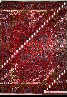 Handmade 9.7 x 13 Semi-Antique Persian Heriz Rug in Antique Red: Handmade 9.7 x 13 Semi-Antique Persian Heriz Rug in Antique Red Enhance your home with this exquisite 9.7 x 13 Semi-Antique Persian Heriz Rug, handcrafted by skilled artisans in Iran. This stunning ru