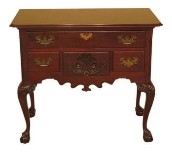 Colonial Manufacturing Chippendale Mahogany Lowboy 35.5"w x 20.5"d x 30.5"h: Colonial Manufacturing Chippendale Mahogany Lowboy 35.5"w x 20.5"d x 30.5"h This exquisite Chippendale-style lowboy from Colonial Manufacturing Co. features a rich mahogany construction, showcasing fi