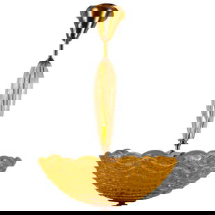 Carl Fagerlund Art Deco Gold Glass Bowl Chandelier 15 x 15 x 24: Carl Fagerlund Art Deco Gold Glass Bowl Chandelier 15 x 15 x 24 This stunning Art Deco chandelier features a beautifully crafted glass bowl with a wave pattern, elegantly suspended from a clear glass