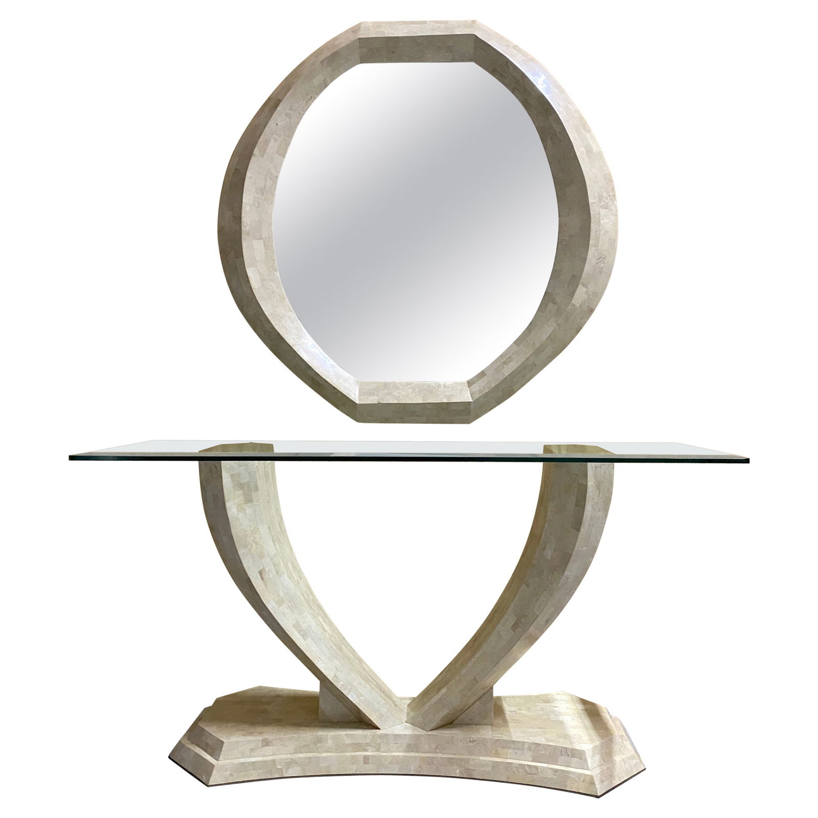 Robert Marcius Modern Tessellated Stone Console Table & Mirror Set by Maitland Smith: Robert Marcius Modern Tessellated Stone Console Table & Mirror Set by Maitland Smith Transform your living space with this stunning Modern Tessellated Stone Console Table and Wall Mirror set, designed