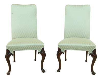 Elegant Pair of Queen Anne Mahogany Upholstered Side Chairs 23w x 25d x 40h: Elegant Pair of Queen Anne Mahogany Upholstered Side Chairs 23w x 25d x 40h This elegant pair of Queen Anne upholstered armless side chairs features quality solid mahogany construction, showcasing tra