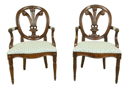 Henredon Plume Mahogany Armchairs Pair English Style 24w x 22d x 39.5h: Henredon Plume Mahogany Armchairs Pair English Style 24w x 22d x 39.5h This exquisite pair of Henredon Plume carved back armchairs features a classic English style with quality construction. Crafted f