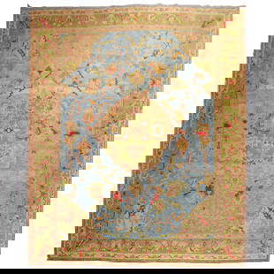 Antique Turkish Oushak Carpet Sky Blue Wool Hand-Knotted 11'4 x 15': Antique Turkish Oushak Carpet Sky Blue Wool Hand-Knotted 11'4 x 15' This stunning antique Turkish Oushak carpet features a captivating sky blue field complemented by an apple green border and central