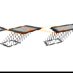 1970s Chrome and Oak End Tables with Tinted Glass Tops: 1970s Chrome and Oak End Tables with Tinted Glass Tops This pair of chic architectural end tables embodies the stylish flair of the 1970s. Featuring tinted glass tops set within a sturdy oak frame, th