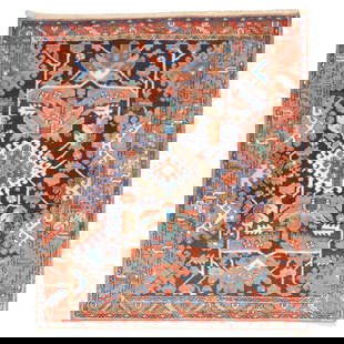 Antique Persian Heriz Rug 5x5.8 ft Navy Geometric Wool Hand-Woven: Antique Persian Heriz Rug 5x5.8 ft Navy Geometric Wool Hand-Woven This exquisite Antique Persian Square Navy Geometric Heriz Rug is a stunning example of early 20th-century craftsmanship, manufactured