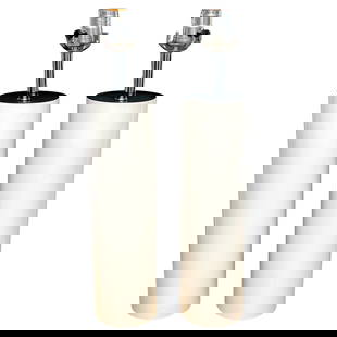 Set of 2 Walter Von Nessen Mid-Century Modern White Enameled Lamps: Set of 2 Walter Von Nessen Mid-Century Modern White Enameled Lamps Enhance your space with this stunning pair of Mid-Century Modern Walter Von Nessen tall white enameled column lamps. Crafted in the 1