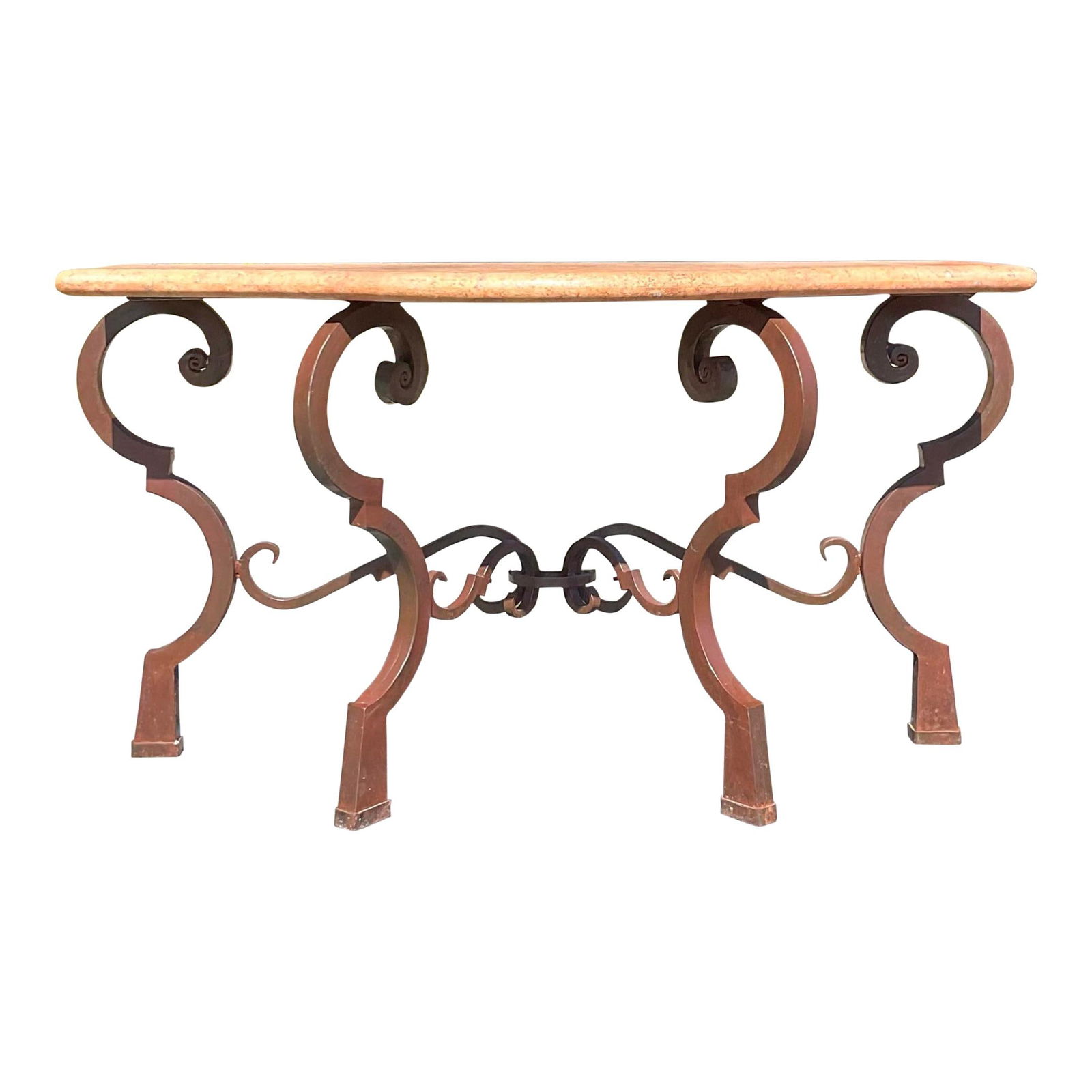 Vintage Wrought Iron and Stone Console Table: Vintage Wrought Iron and Stone Console Table This vintage console table features a chic wrought iron pedestal with a beautifully crafted stone top, showcasing a unique curved design. Acquired from a P