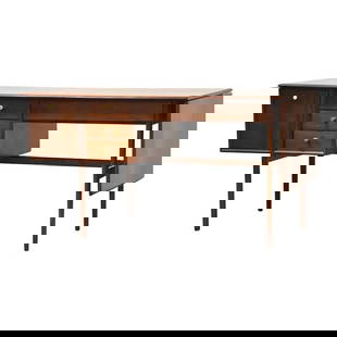 Barney Flagg Drexel Parrallel Walnut Desk with Drop Leaf: Barney Flagg Drexel Parrallel Walnut Desk with Drop Leaf Discover a beautifully refinished mid-century modern desk designed by Barney Flagg for Drexel's Parrallel line. This walnut desk features a con