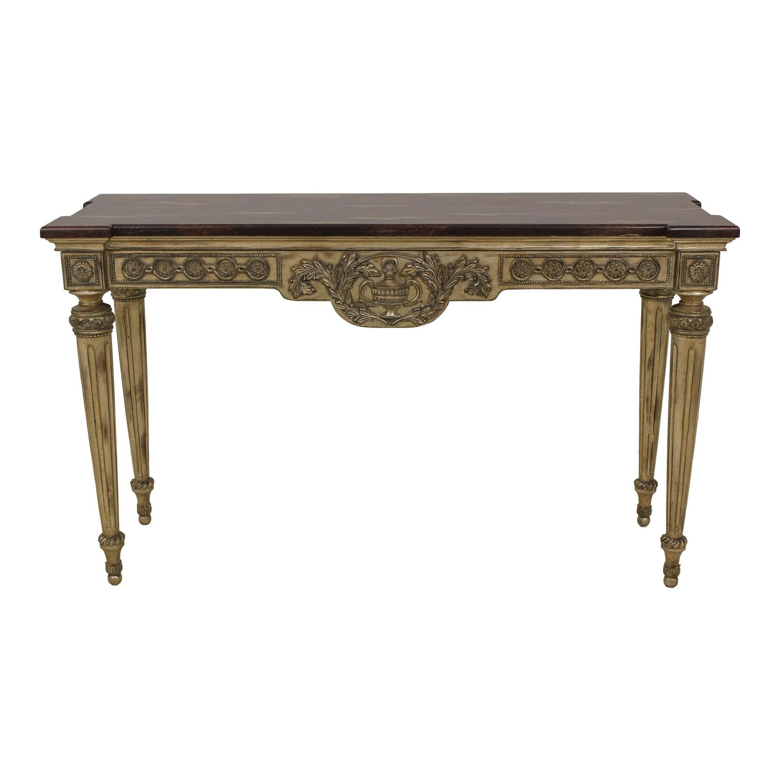 Regency Style Console Table Silver Gilt Faux Marble 58.5w x 20d x 35h: Regency Style Console Table Silver Gilt Faux Marble 58.5w x 20d x 35h Enhance your home decor with this exquisite Regency Style Console Table, showcasing a stunning painted faux marble top complemente