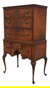 English George III Burl Walnut Highboy Chest with Brass Hardware: English George III Burl Walnut Highboy Chest with Brass Hardware This exquisite English George III Small Highboy Chest, crafted around 1900-1920, showcases the elegance of traditional design with its