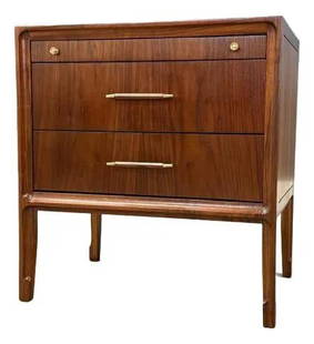 Mid-Century Modern Walnut Nightstand by United Furniture: Mid-Century Modern Walnut Nightstand by United Furniture This elegant mid-century modern nightstand features a refined walnut finish and two spacious drawers, offering both style and functionality. Cr