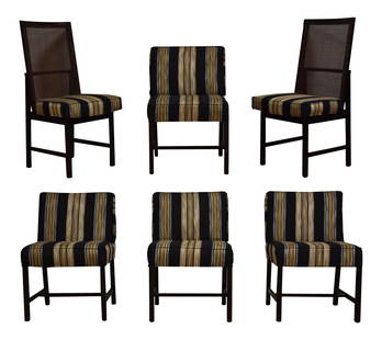 Mid-Century Ebonized Dining Chairs Set of 6 Cane Back Upholstered: Mid-Century Ebonized Dining Chairs Set of 6 Cane Back Upholstered Elevate your dining experience with this stunning set of six mid-century modern dining chairs featuring sleek ebonized frames. The set
