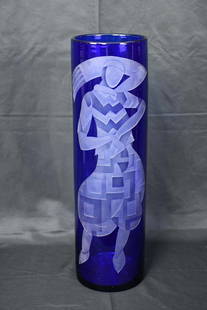 Art Deco Cobalt Blue Glass Vase 20in Etched Figure Vintage Original: Art Deco Cobalt Blue Glass Vase 20in Etched Figure Vintage Original This exquisite Art Deco style vase showcases a striking cobalt blue glass design, featuring a stunning etching of a figure on its fr