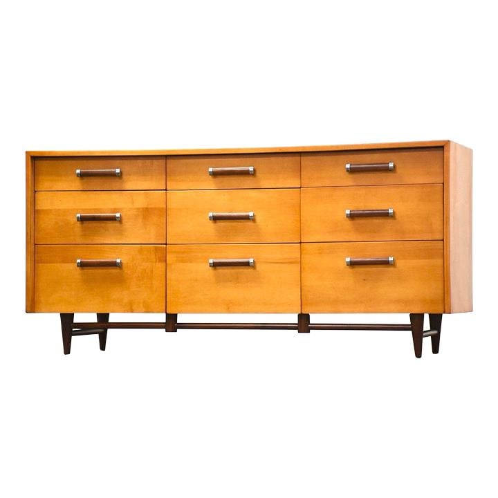 1960s American of Martinsville Urban Suburban Dresser Maple Walnut 62": 1960s American of Martinsville Urban Suburban Dresser Maple Walnut 62" This striking mid-century modern dresser from the 1960s features a beautiful blend of maple and walnut, expertly refinished to br