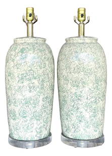 Vintage Celadon Bauer Ceramic Lamps Pair with Acrylic Bases: Vintage Celadon Bauer Ceramic Lamps Pair with Acrylic Bases This exquisite pair of vintage ceramic table lamps showcases a beautiful celadon and cream-speckled glaze, reminiscent of handcrafted Bauer