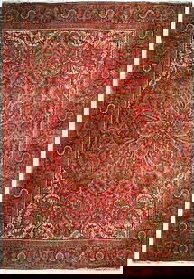 9.8 x 12.10 Semi-Antique Persian Heriz Rug Red Ivory Handmade: 9.8 x 12.10 Semi-Antique Persian Heriz Rug Red Ivory Handmade Elevate your space with this exquisite 9.8 x 12.10 Semi-Antique Persian Heriz Sherabian Rug, handcrafted by skilled Persian artisans. This