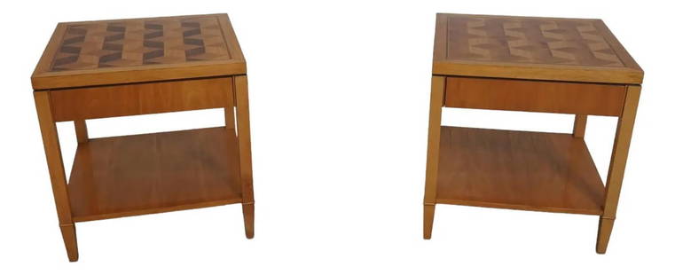 Mid Century Modern Pair of Baker Side Tables with Parquetry Tops: Mid Century Modern Pair of Baker Side Tables with Parquetry Tops Elevate your living space with this exquisite pair of Mid Century Modern side tables, featuring beautiful parquetry tops. Crafted with