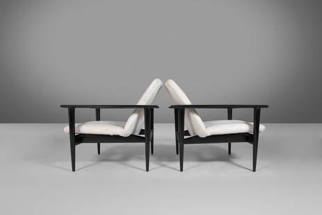 Hans Wegner Ebonized Danish Modern Lounge Chairs Set of 2 Newly Upholstered: Hans Wegner Ebonized Danish Modern Lounge Chairs Set of 2 Newly Upholstered This exquisite set of two ebonized Danish modern lounge chairs, attributed to Hans Wegner, showcases an exceptional architec