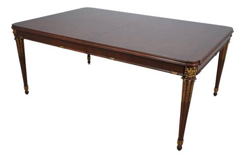 Karges French Louis XVI Walnut Dining Table with 3 Leaves: Karges French Louis XVI Walnut Dining Table with 3 Leaves This exquisite Karges French Louis XVI dining room table showcases timeless elegance with its fine carved details and gold highlights. Crafted